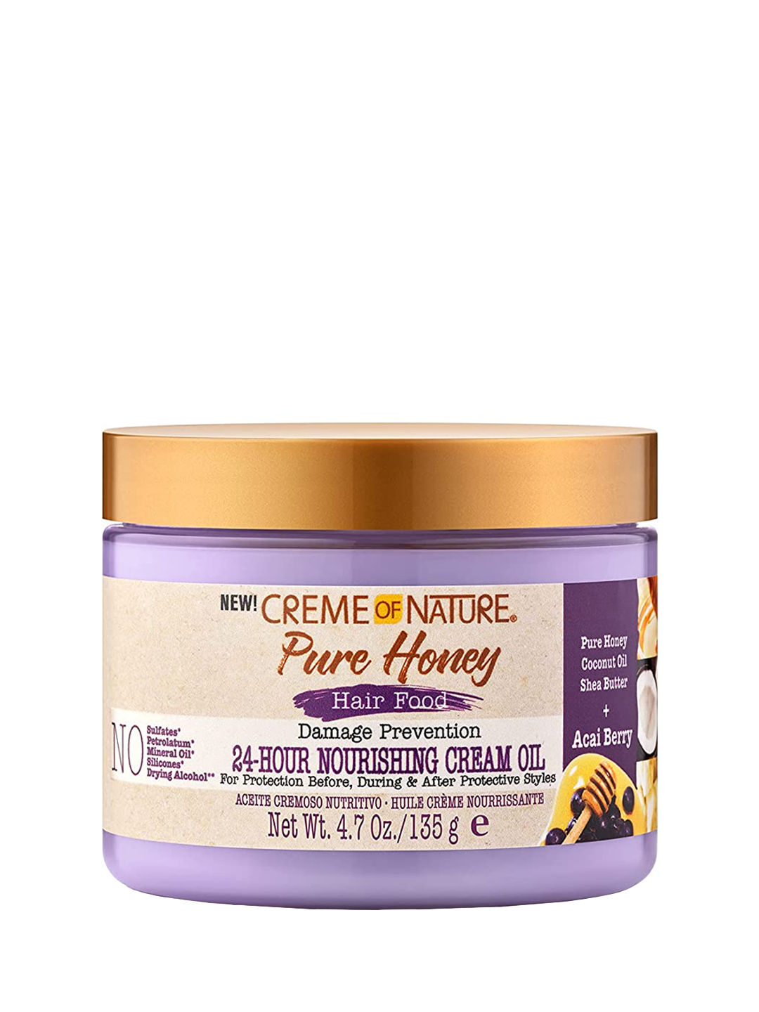 Creme of Nature Pure Honey Hair Food Damage Prevention 24-Hour Nourishing Cream Oil Acai Berry 4.7oz