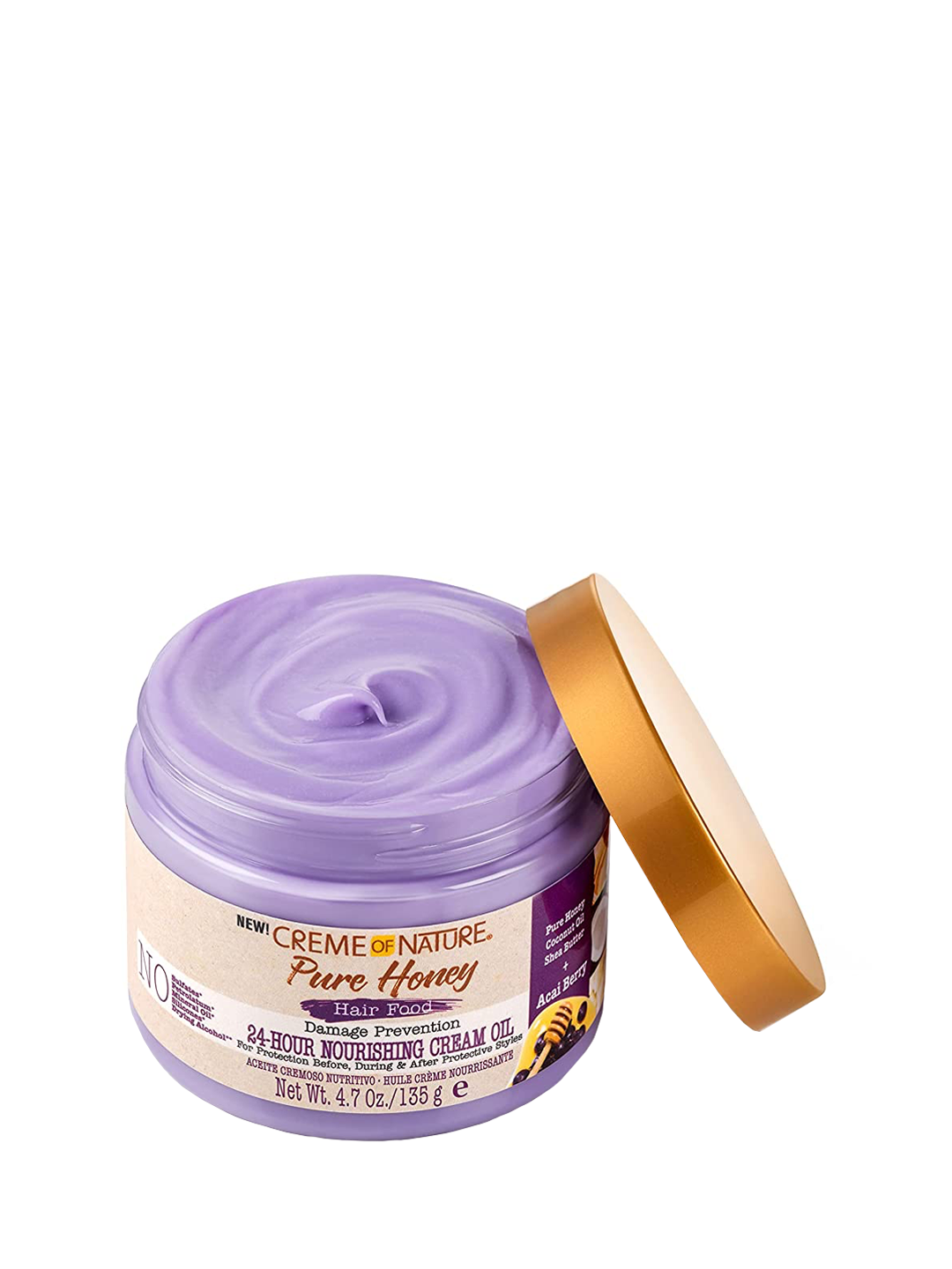 Creme of Nature Pure Honey Hair Food Damage Prevention 24-Hour Nourishing Cream Oil Acai Berry 4.7oz
